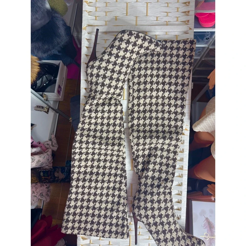 Brown White Houndstooth Thigh High Boots Stiletto Chic Statement See Last 2 Pics